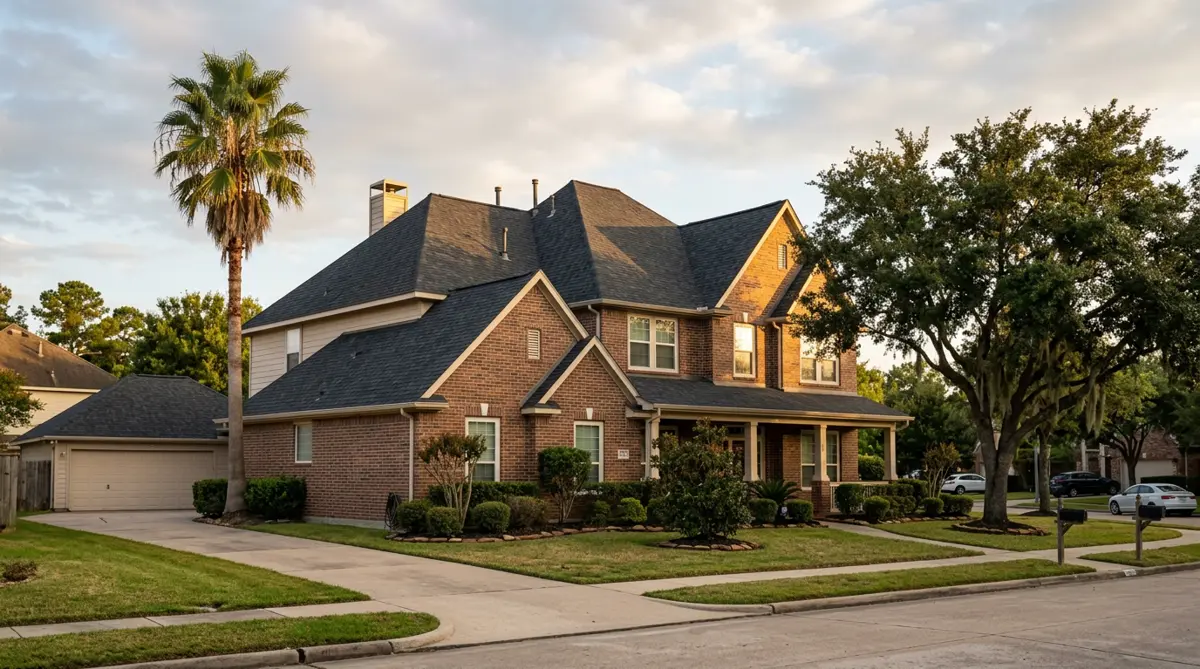 Two-story brick home with a dark shingle roof in late-afternoon light