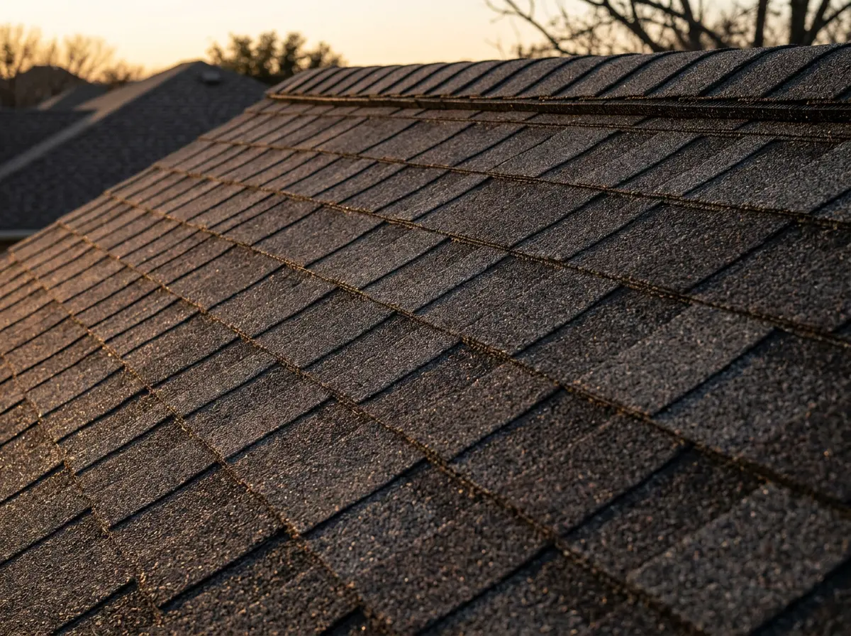 Close-up of architectural asphalt shingles and ridge cap