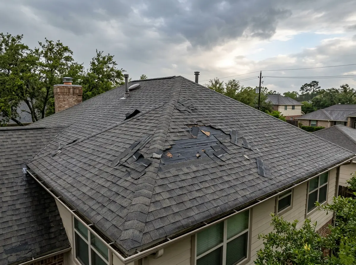 Shingle roof with wind-lifted and missing shingles after a storm